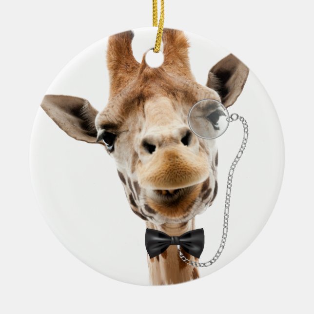 Funny Giraffe with Bowtie and Monocle Ceramic Ornament (Front)