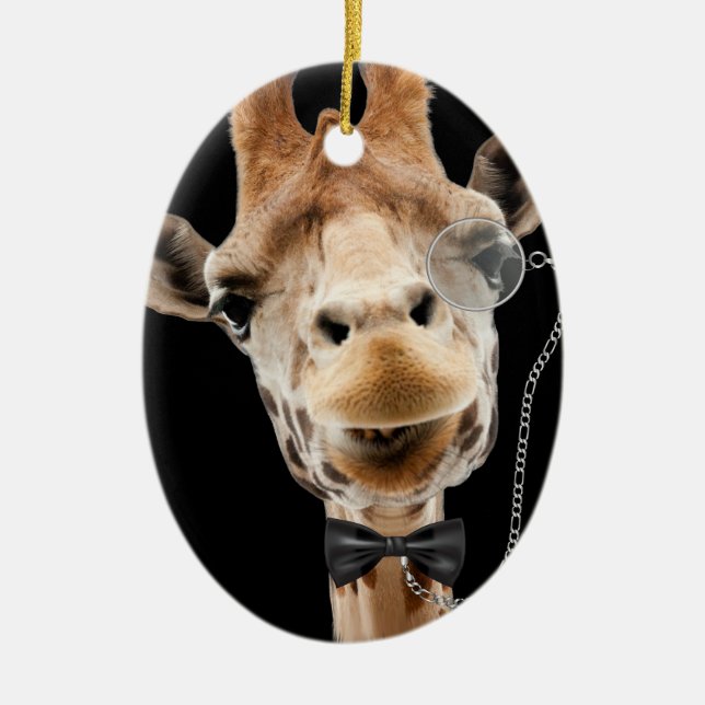 Funny Giraffe with Bowtie and Monocle Ceramic Ornament (Front)
