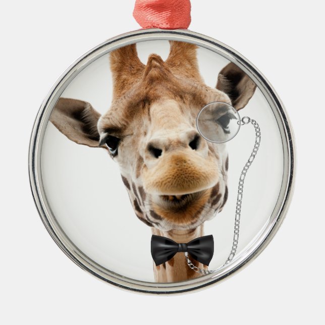 Funny Giraffe with Bowtie and Monocle Metal Ornament (Front)