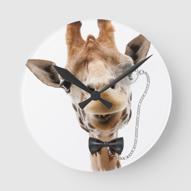 Funny Giraffe with Bowtie and Monocle Round Clock (Front)