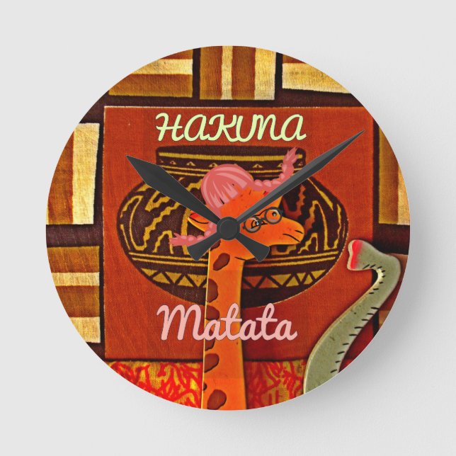 Funny Giraffe with cool text Hakuna Matata Design Round Clock (Front)