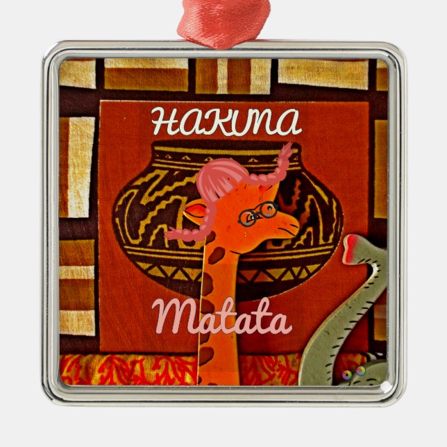 Funny Giraffe with cool text Hakuna Matata Metal Ornament (Front)