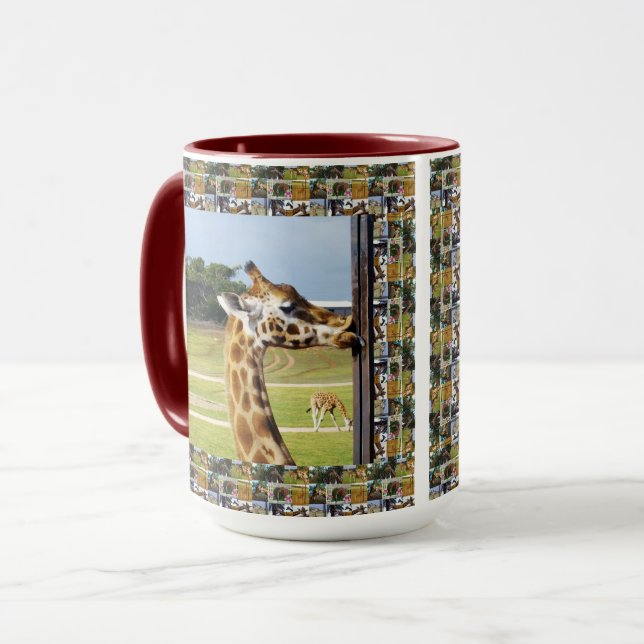 Funny Giraffe With Giraffe Photo Collage Edging, Mug (Front Left)