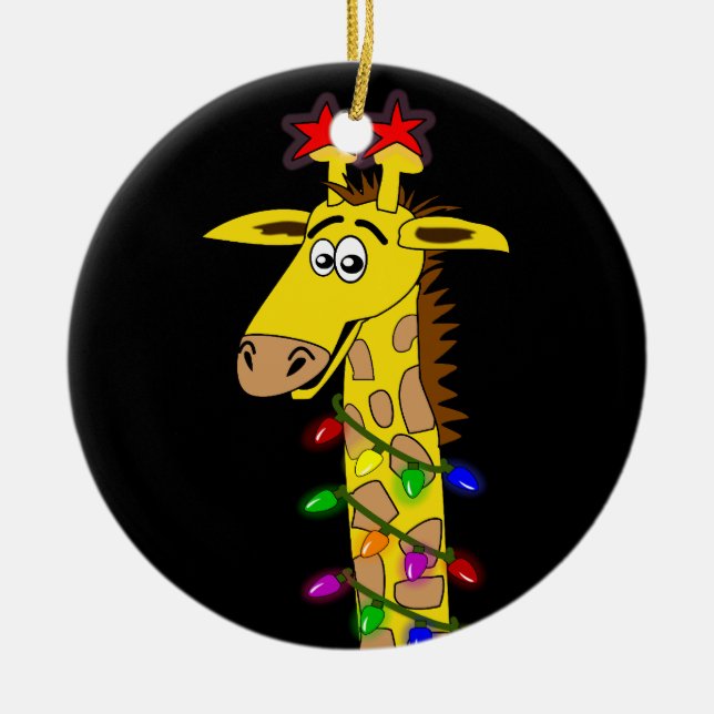 Funny Giraffe With Lights Whimsical Christmas Ceramic Ornament (Front)