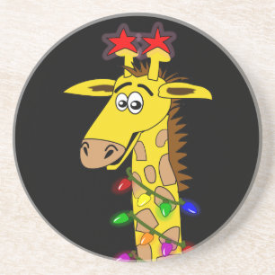 Funny Giraffe With Lights Whimsical Christmas Coaster