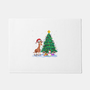 Funny Giraffe Xmas Tree Lights Reindeer Hat Christ Doormat