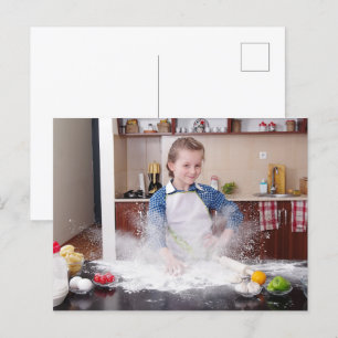 Funny girl in messy kitchen postcard