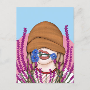 Funny girl with cornflowers on a heather field postcard