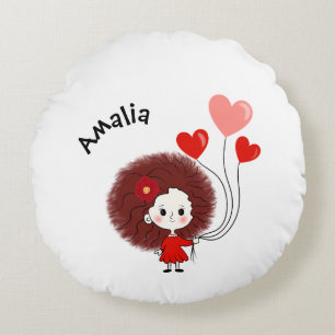 Funny girl with hearts balloons round pillow