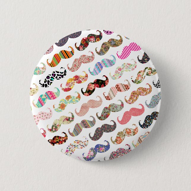 Funny Girly  Colourful Patterns Moustaches 2 Inch Round Button (Front)