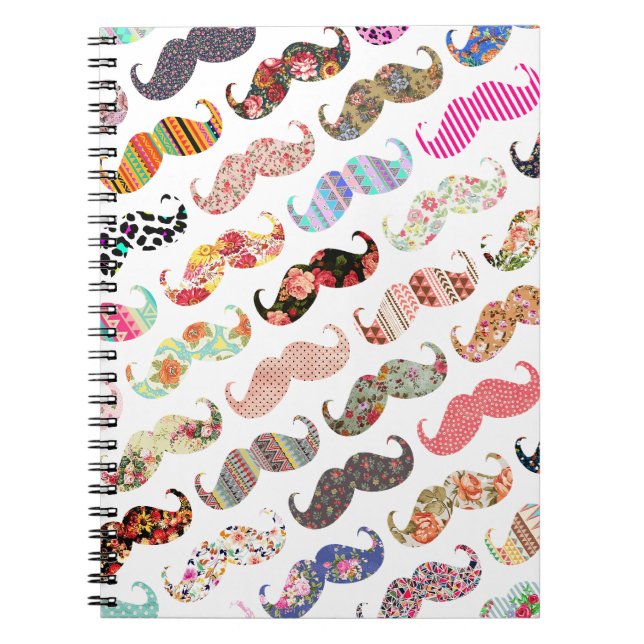Funny Girly  Colourful Patterns Moustaches Notebook (Front)