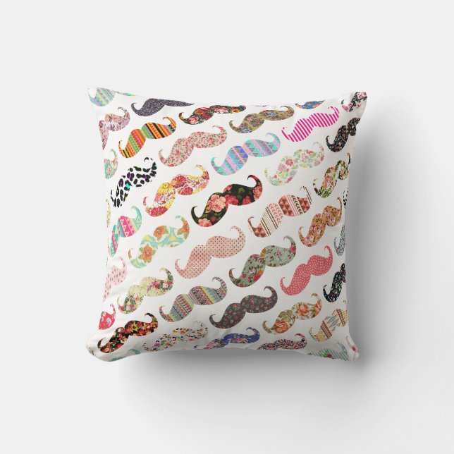 Funny Girly  Colourful Patterns Moustaches Throw Pillow (Front)