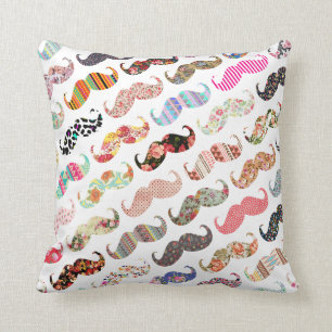 Funny Girly  Colourful Patterns Moustaches Throw Pillow