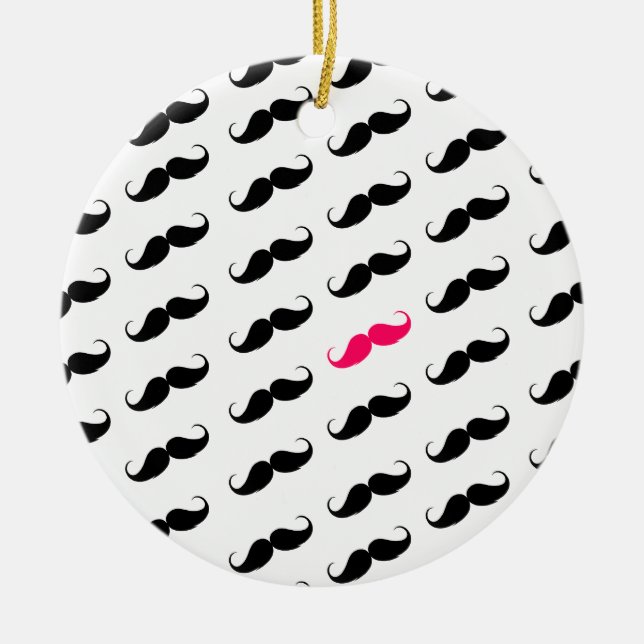 Funny Girly Pink  And Black Moustache Pattern Ceramic Ornament (Front)