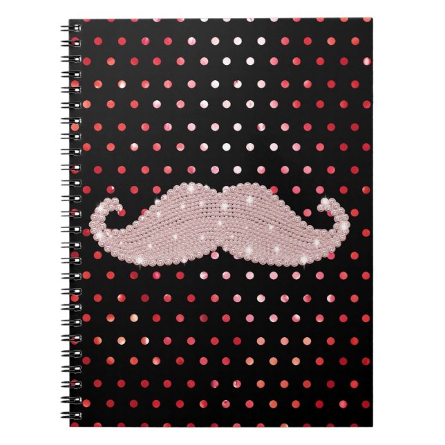 Funny Girly Pink Bling Moustache Polka Dots Notebook (Front)