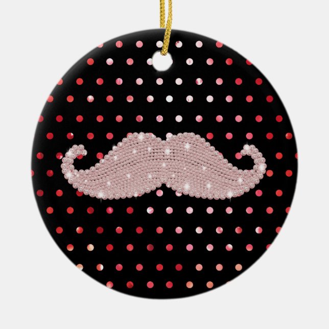 Funny Girly Pink Bling Moustache Polka Dots Patter Ceramic Ornament (Front)