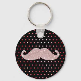 Funny Girly Pink Bling Moustache Polka Dots Patter Keychain