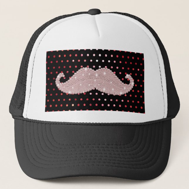 Funny Girly Pink Bling Moustache Polka Dots Patter Trucker Hat (Front)