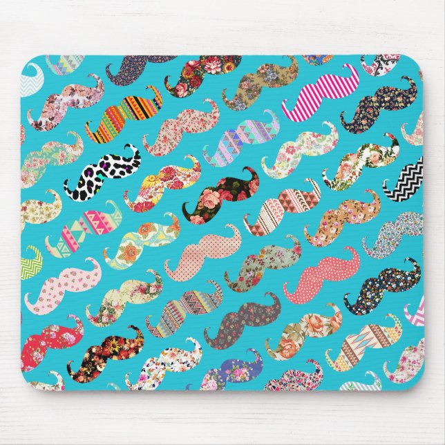 Funny Girly Turquoise Floral Aztec Moustaches Mouse Pad (Front)