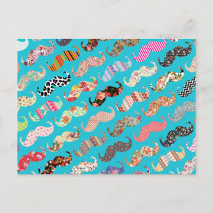 Funny Girly Turquoise Floral Aztec Moustaches Postcard