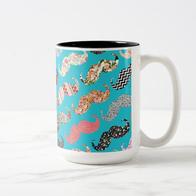 Funny Girly Turquoise Floral Aztec Moustaches Two-Tone Coffee Mug (Right)