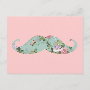 Funny Girly Vintage Red Pink Floral Moustache Postcard