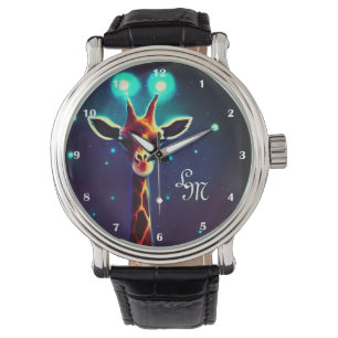 Funny Glowing Light Giraffe Galaxy Stars Dark Blue Watch