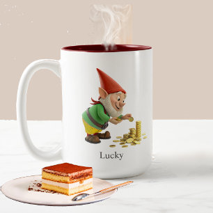 Funny Gnome, Gold Coins, Calligraphy & Monogram Two-Tone Coffee Mug