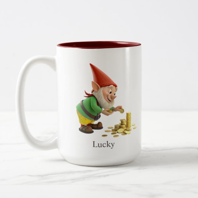 Funny Gnome, Gold Coins, Calligraphy & Monogram Two-Tone Coffee Mug (Left)