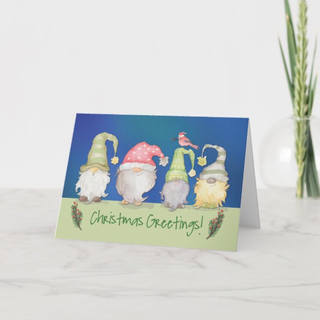 Funny Gnome Greetings on Christmas Holidays Card (Front)