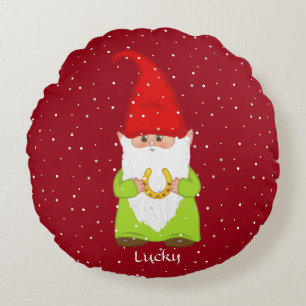 Funny Gnome & Horseshoe on Red Round Pillow