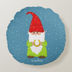 Funny Gnome & Horseshoe on Sapphire Blue Round Pillow