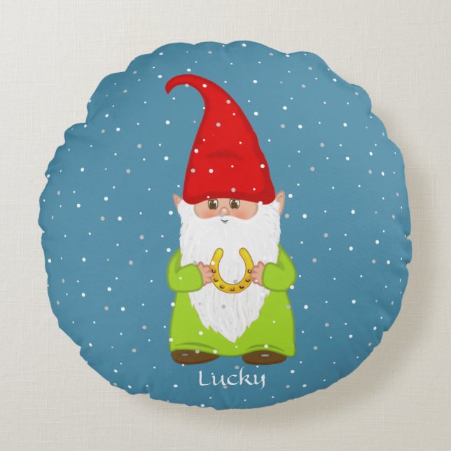 Funny Gnome & Horseshoe on Sapphire Blue Round Pillow (Front)
