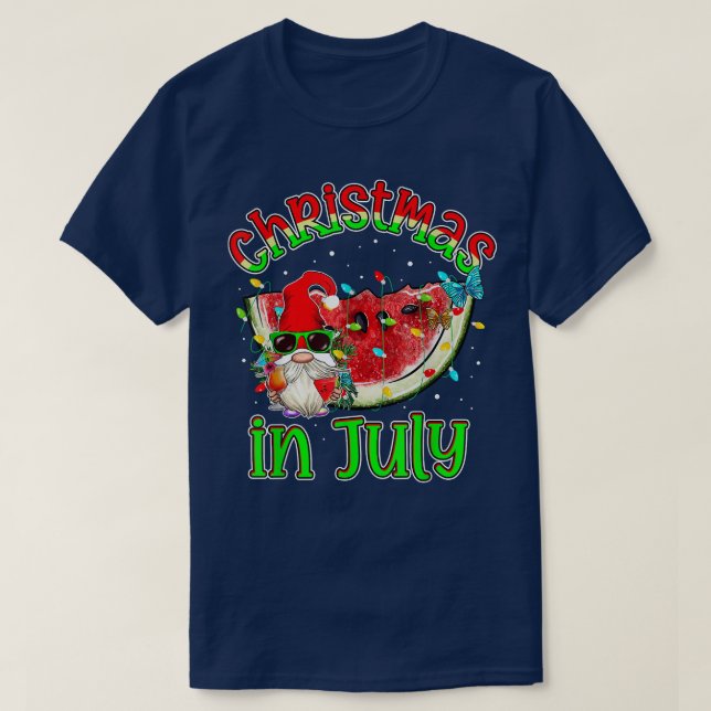 Funny Gnome Summer Watermelon Xmas Lights Christma T-Shirt (Design Front)