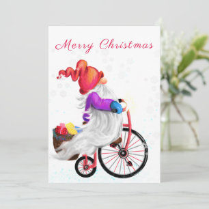 Funny Gnome with Bike and Gifts - Merry Christmas