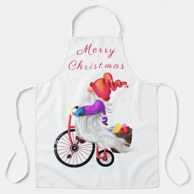 Funny Gnome with Bike and Gifts - Merry Christmas Apron (Front)