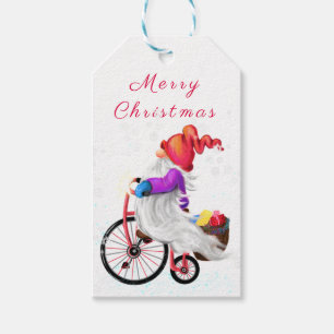 Funny Gnome with Bike and Gifts - Merry Christmas Gift Tags