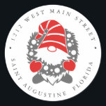 Funny Gnome with Garland Christmas Return address Classic Round Sticker<br><div class="desc">Designed to match our Funny Gnomes Collection, this white round stickers are perfect for sealing your Winter Holiday postage envelopes with your return address Design features an illustration of a traditional Nisse from Nordic or Scandinavian Christmas Tradition, the gnome has a long white beard, a funny red and white striped...</div>