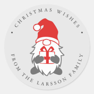 Funny Gnome with Present and Santa hat Grey Classic Round Sticker