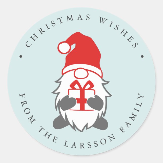 Funny Gnome with Present and Santa hat Mint Classic Round Sticker (Front)