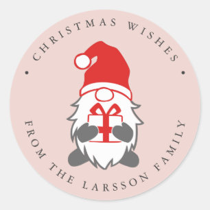 Funny Gnome with Present and Santa hat Pink Classic Round Sticker