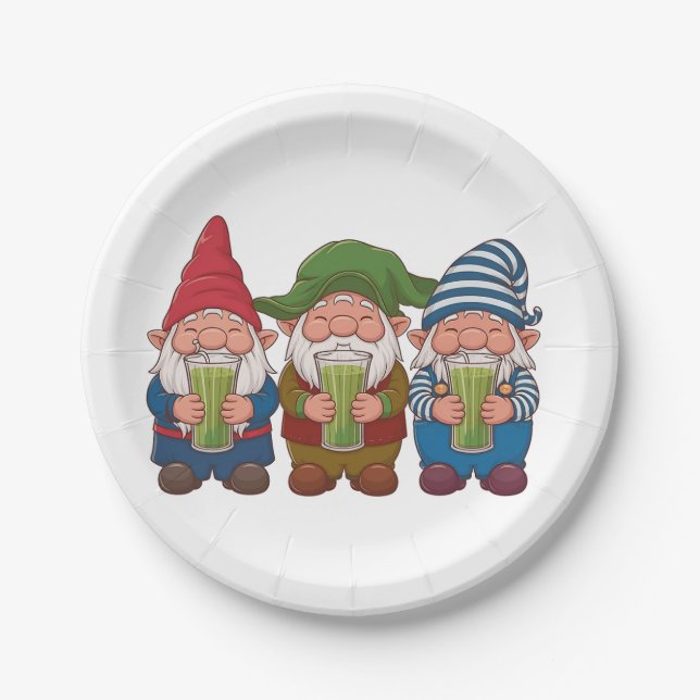 Funny Gnomes Holding a Matcha Drink Magical  Paper Plate (Front)