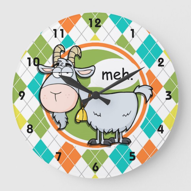 Funny Goat; Colourful Argyle Pattern Large Clock (Front)