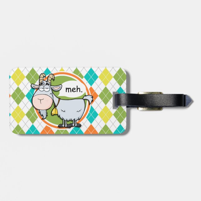 Funny Goat; Colourful Argyle Pattern Luggage Tag (Back Horizontal)