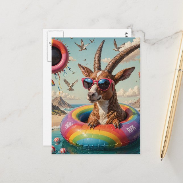 Funny Goat Like Critter on a Float Trip Postcard (Front/Back In Situ)