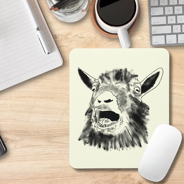 Funny Goat screaming Drawing Quirky Animal Art Mouse Pad (Funny screaming goat black and white illustration mouse mat farm animal humor)