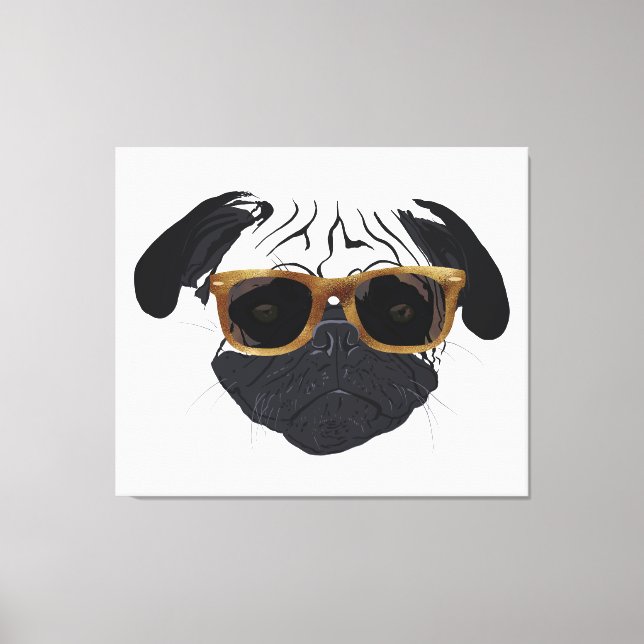 Funny Golden Glasses Pug Dog Illustration Canvas Print (Front)