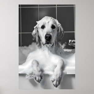 Funny Golden Retriever Bubble Bath Print, Dog Poster