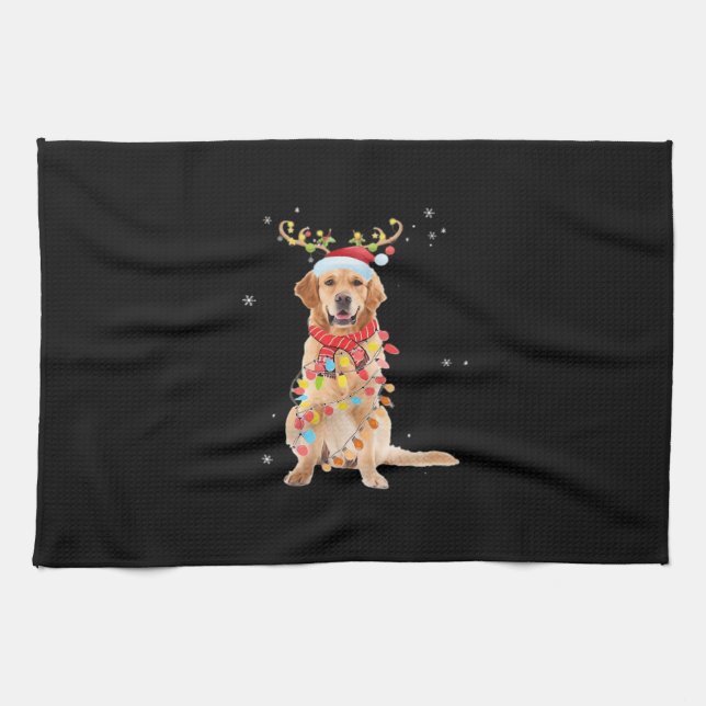 Funny Golden Retriever Christmas Tree Santa Reinde Kitchen Towel (Horizontal)