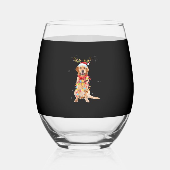 Funny Golden Retriever Christmas Tree Santa Reinde Stemless Wine Glass (Front)